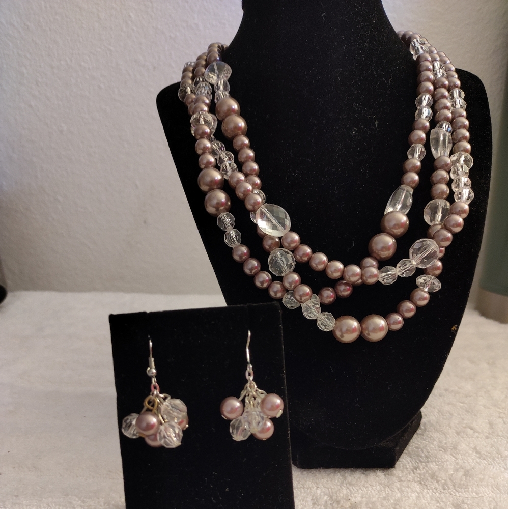 Vintage Triple Layered Beaded Necklace and Earrings